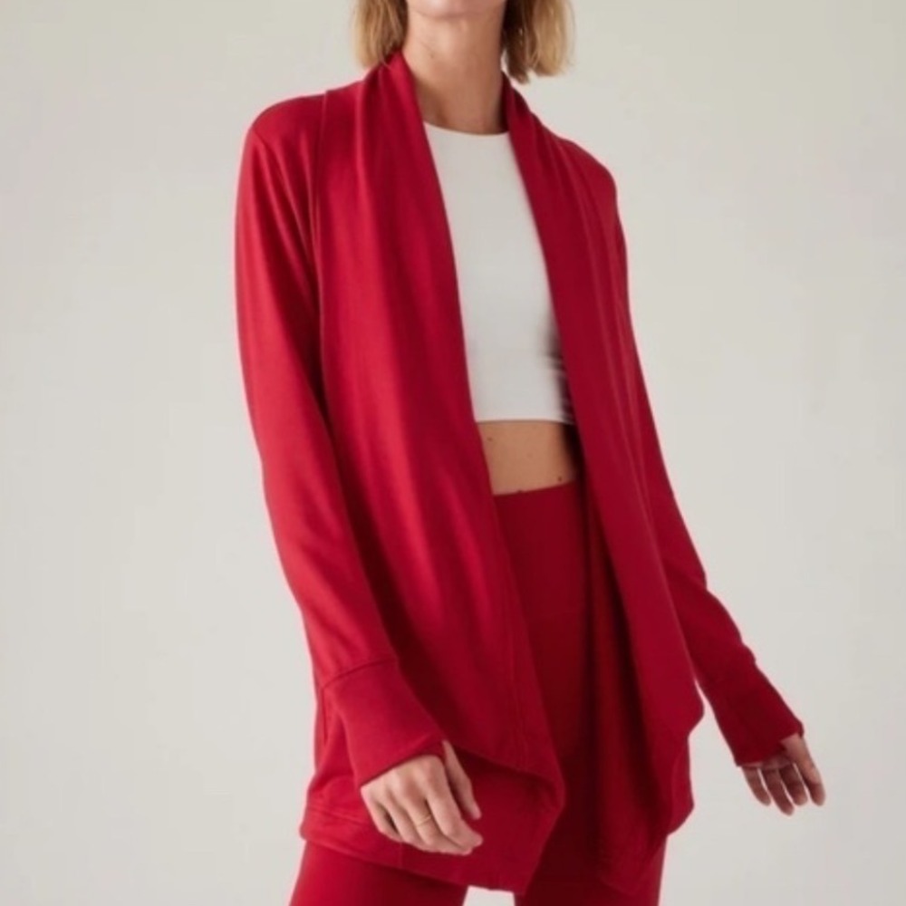 Athleta Womens Wrap Sweater Sz Medium Pranayama Restore Red Open Front Cardigan